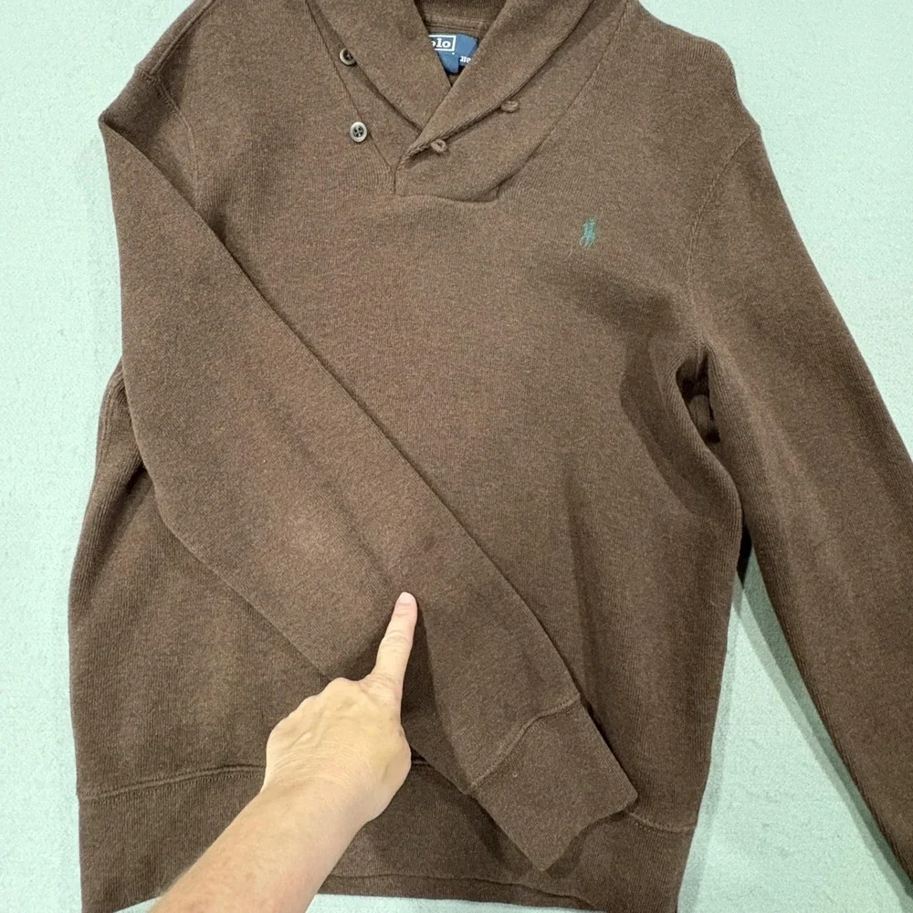 Polo Ralph Lauren Sweater Mens Medium Brown Shawl Collar Cotton Pullover Logo
